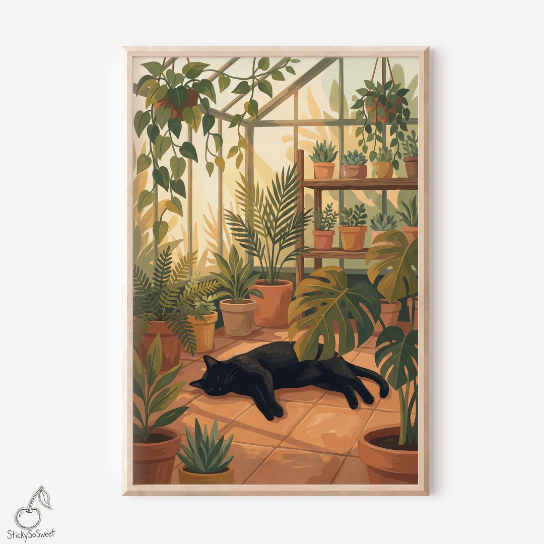 Black Cat Greenhouse Art Print | Botanical House Plant Wall Decor ...