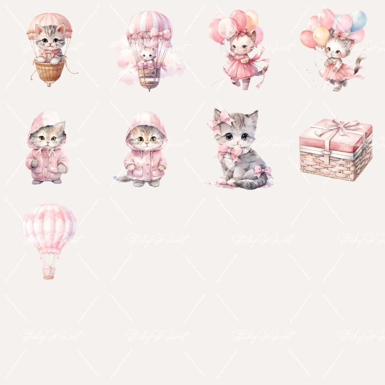 Watercolor Pink Kitten Clipart Bundle: Baby Shower PNG (commercial Use ...