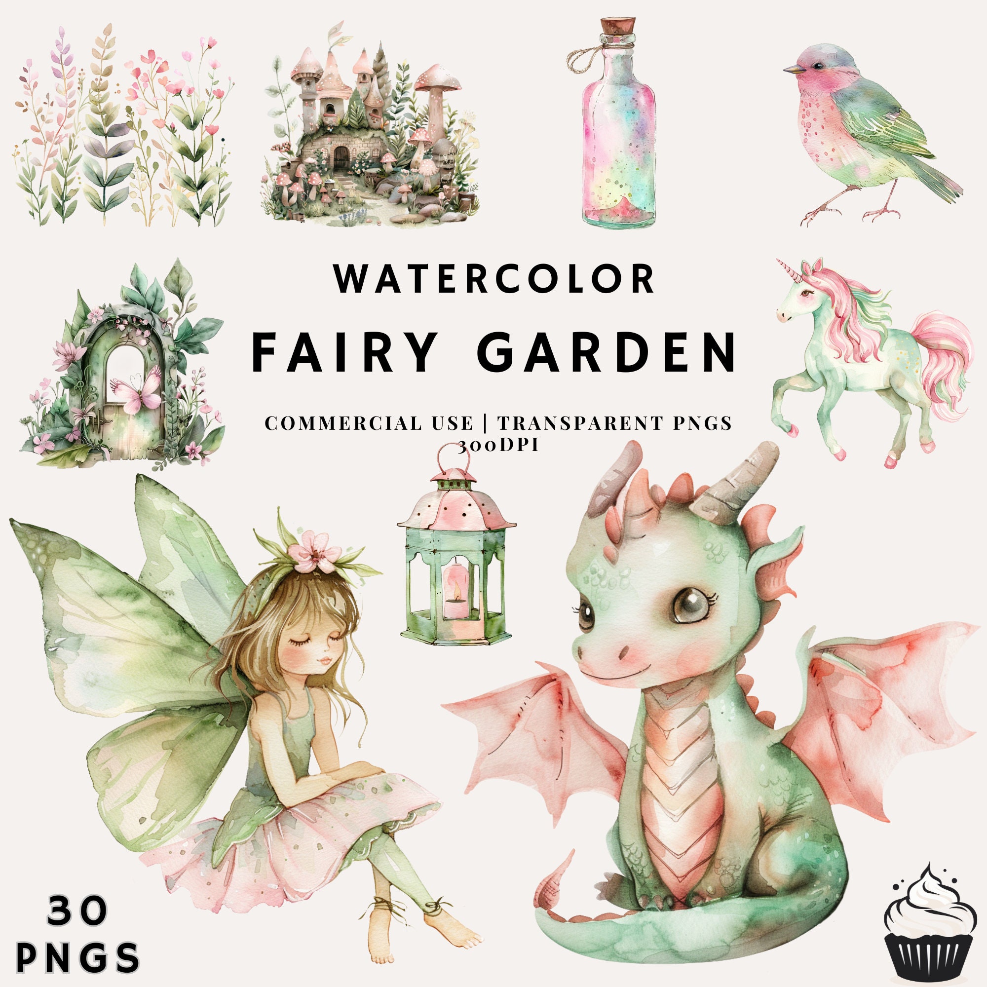 Watercolor Green and Pink Fairy Garden Clipart Bundle | PNG ...