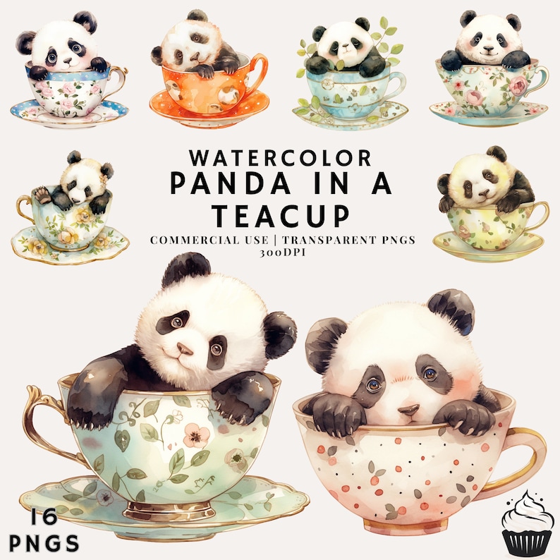 Watercolor Panda in A Teacup Clipart Bundle | PNG | Commercial Use ...