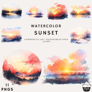 Watercolor Sunset Landscape Clipart Bundle | PNG | Commercial Use | Instant Download | 300DPI