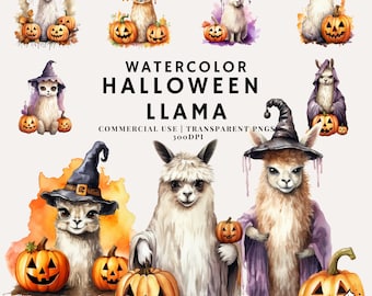 May include: Watercolor illustrations of 16 Halloween llamas in various poses, including a llama wearing a witch's hat and holding a pumpkin, a llama wearing a witch's hat and holding a pumpkin, and a llama wearing a witch's hat and holding a pumpkin. The illustrations are in a watercolor style and have a whimsical feel.