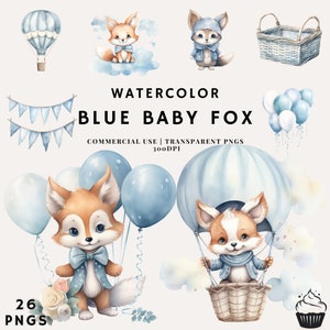 Aquarel schattige blauwe baby Fox clipart bundel | PNG | Commercieel gebruik | Direct downloaden | 300 DPI | Jongen babyshower