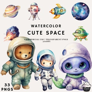 Paquete de imágenes prediseñadas de astronauta espacial lindo acuarela / PNG / Uso comercial / Descarga instantánea / 300DPI