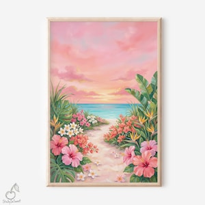 Puede incluir: Pintura enmarcada que representa una escena de playa tropical. Un camino de arena conduce al océano turquesa bajo una puesta de sol rosa y naranja. La exuberante vegetación y las vibrantes flores rosas, blancas y naranjas enmarcan el camino.
