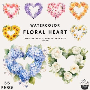 Acuarela Floral Corazón Marcos Paquete Clipart / PNG / Uso Comercial / Descarga Instantánea / 300DPI