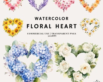 Watercolor Floral Heart Frames Bundle Clipart | PNG | Commercial Use | Instant Download | 300DPI