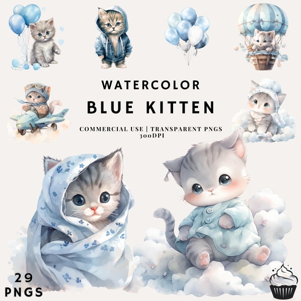 Paquete de imágenes prediseñadas de gatito bebé azul acuarela / PNG / Uso comercial / Descarga instantánea / 300DPI / Boy Baby Shower