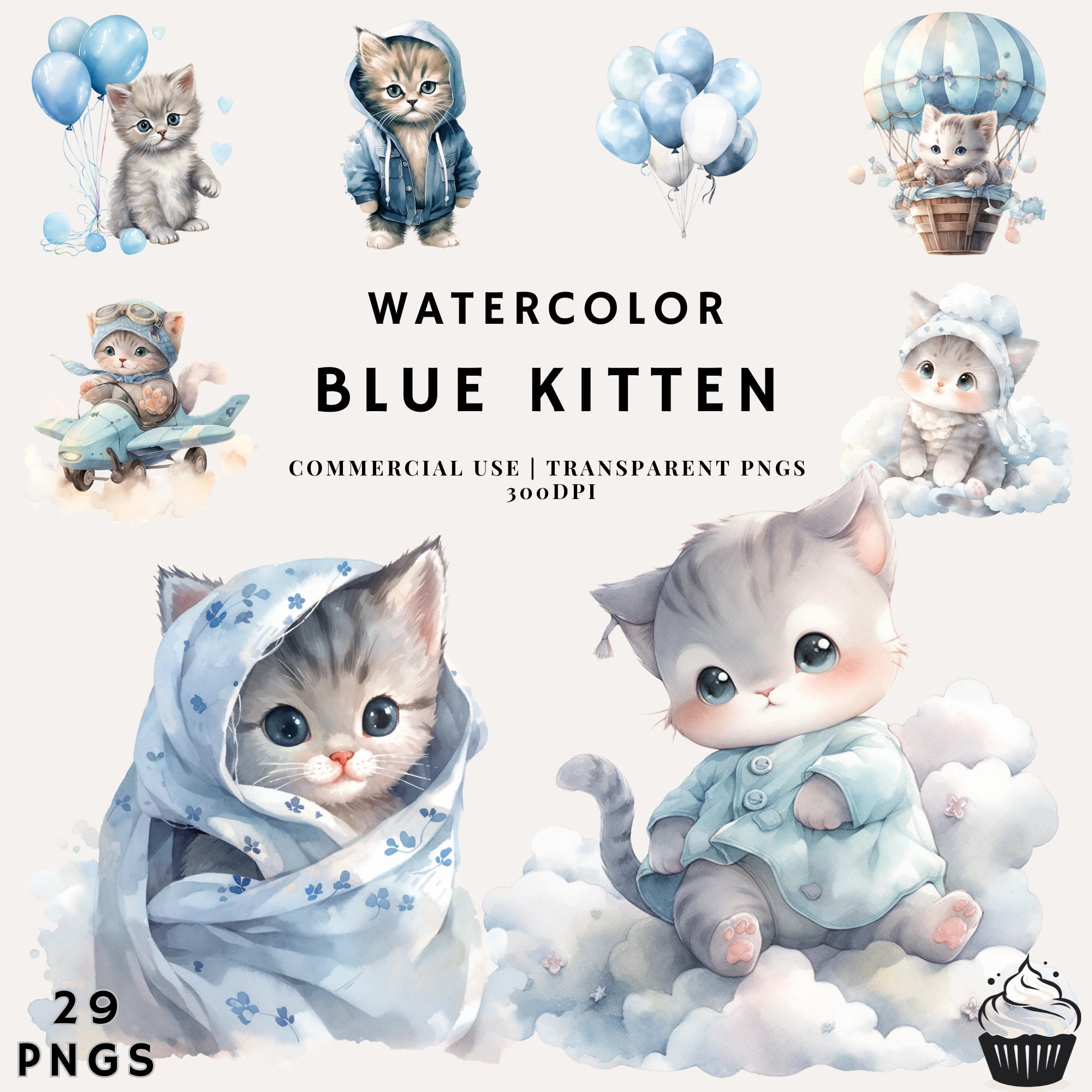 Watercolor Blue Kitten Clipart Bundle: Baby Shower PNG (instant ...