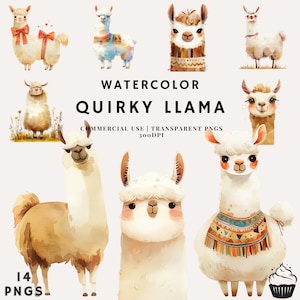 Watercolor Quirky Llama Clipart Bundle | PNG | Commercial Use | Instant Download | 300DPI