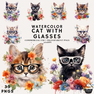 Watercolor Floral Cat With Glasses Bundle Clipart | PNG | Commercial Use | Instant Download | 300DPI