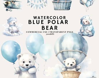 Paquete de imágenes prediseñadas de oso polar azul bebé en acuarela: 26 PNG (uso comercial)