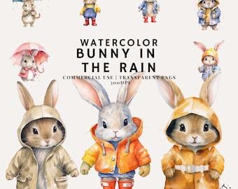 Watercolor Bunnies With Rain Clothes Bundle Clipart | PNG | Commercial Use | Instant Download | 300DPI