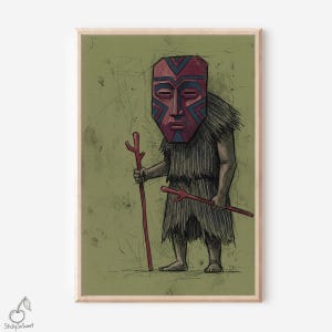 May include: Illustration of a figure wearing a red and blue tribal mask and a costume made of natural fibers. The figure holds two red wooden staffs against a green background, framed in a light wood.