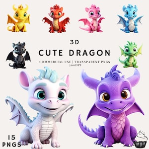 3D Cute Baby Dragon Clipart Bundle | PNG | Commercial Use | Instant Download | 300DPI