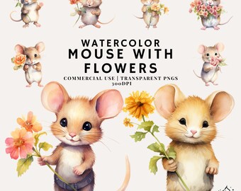 Watercolor Mouse With Flower Bouquet Bundle Clipart | PNG | Commercial Use | Instant Download | 300DPI