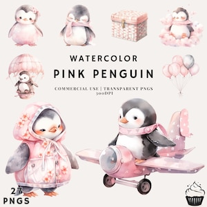 Pacchetto pinguino rosa baby carino acquerello / PNG / uso commerciale / download istantaneo / 300DPI / ragazza Baby Shower
