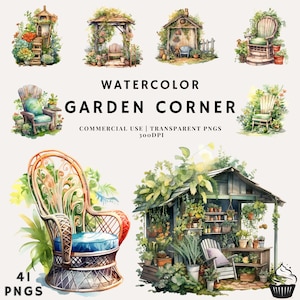 Watercolor Garden Corner Chair Bundle Clipart | PNG | Commercial Use | Instant Download | 300DPI
