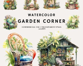 May include: Watercolor illustrations of garden corners with various plants, flowers, and furniture.  The illustrations include a small greenhouse, a gazebo, a wicker chair, and a small shed.  The illustrations are in a watercolor style and have a whimsical feel.