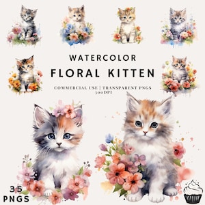 Watercolor Floral Cat Kitten Bundle Clipart | PNG | Commercial Use | Instant Download | 300DPI