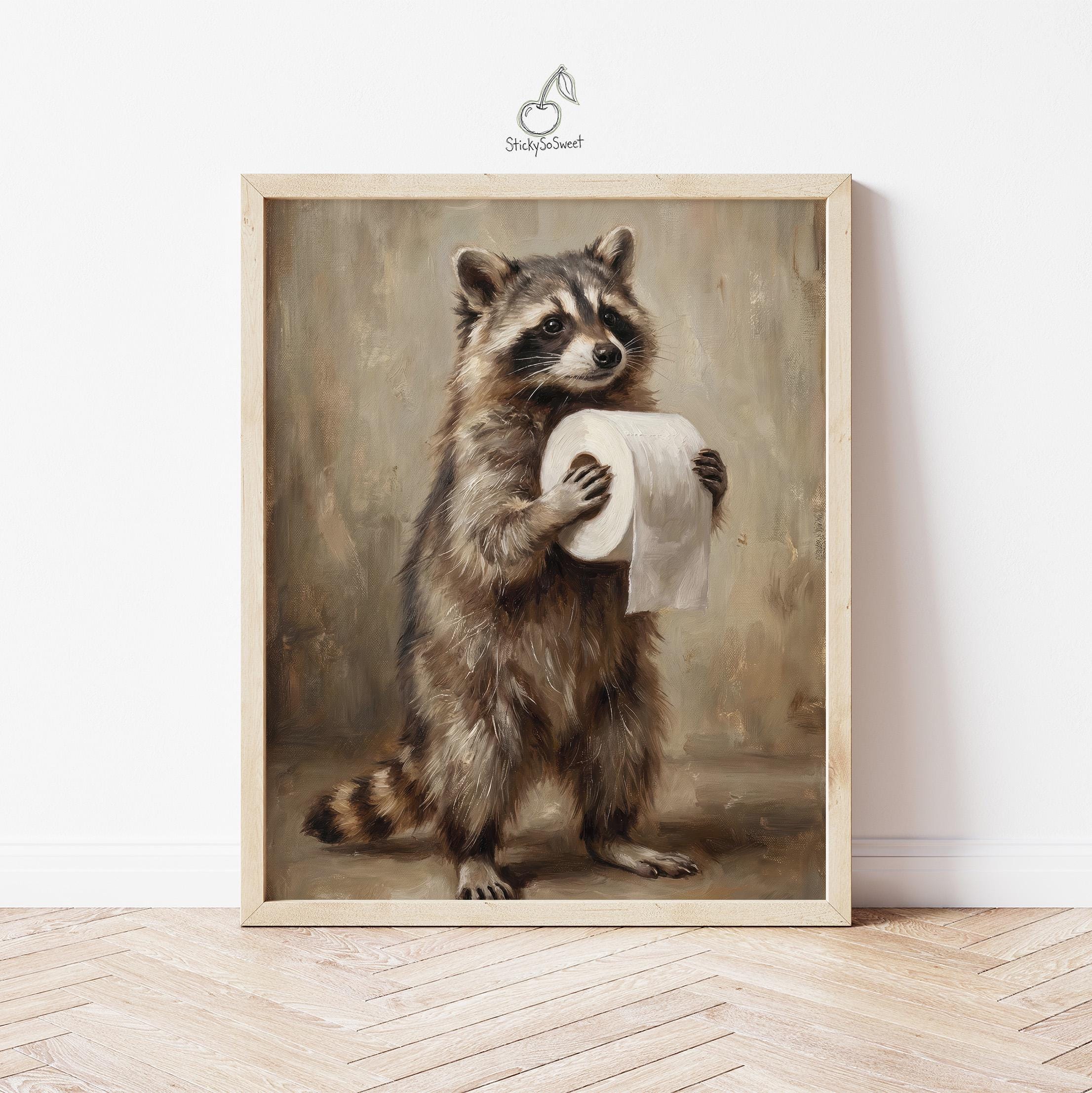 Raccoon Toilet Paper Oil Painting | Funny Animal Art | Muted Beige Tone ...