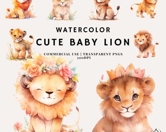 Watercolor Baby Lion Clipart Bundle | Cute Animal PNG (Commercial Use)