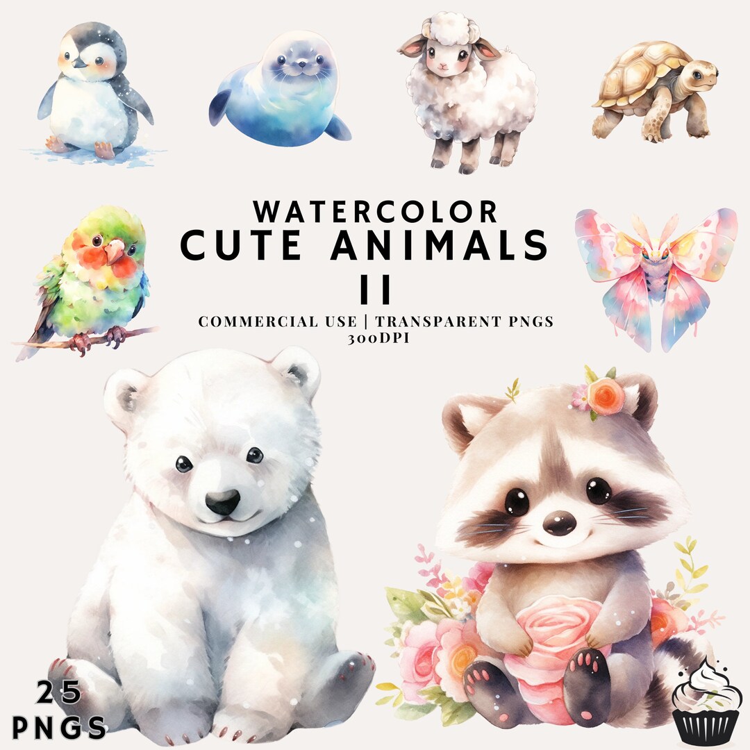 Watercolor Cute Animals Clipart Bundle | Commercial Use PNG (instant ...