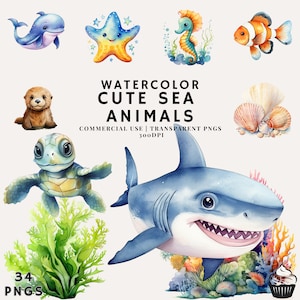 Watercolor Cute Sea Nursery Animals Bundle Clipart | PNG | Commercial Use | Instant Download | 300DPI