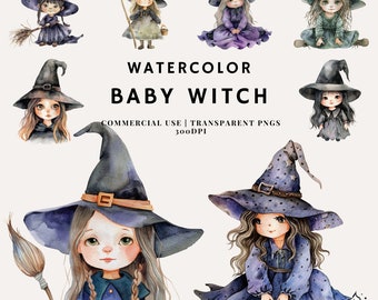 Watercolor Baby Witch Clipart Bundle | PNG | Commercial Use | Instant Download | 300DPI