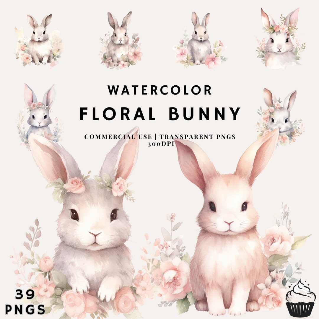Watercolor Floral Bunny Bundle Clipart | PNG | Commercial Use | Instant ...