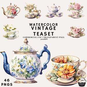 Pacchetto clipart acquerello vintage Boho Tea Set / PNG / uso commerciale / Download istantaneo / 300DPI
