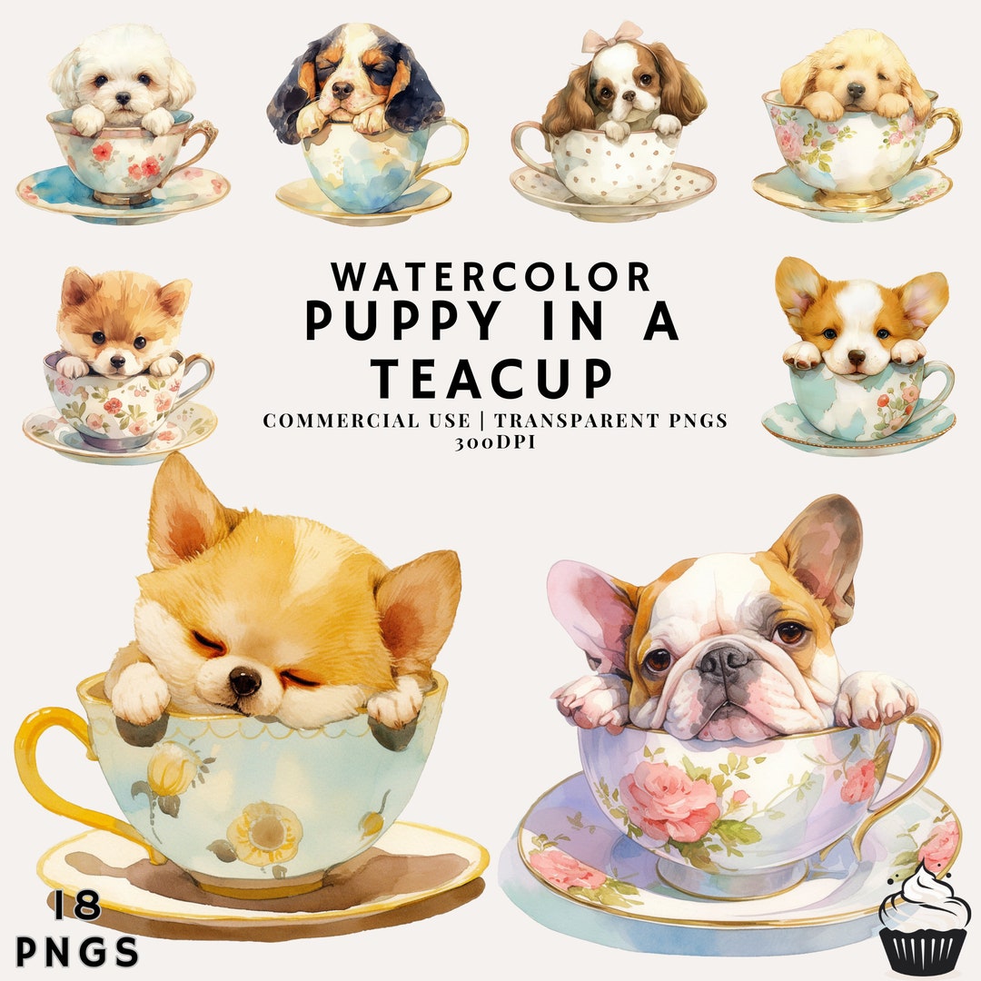 Watercolor Puppy in A Teacup Clipart Bundle | PNG | Commercial Use ...