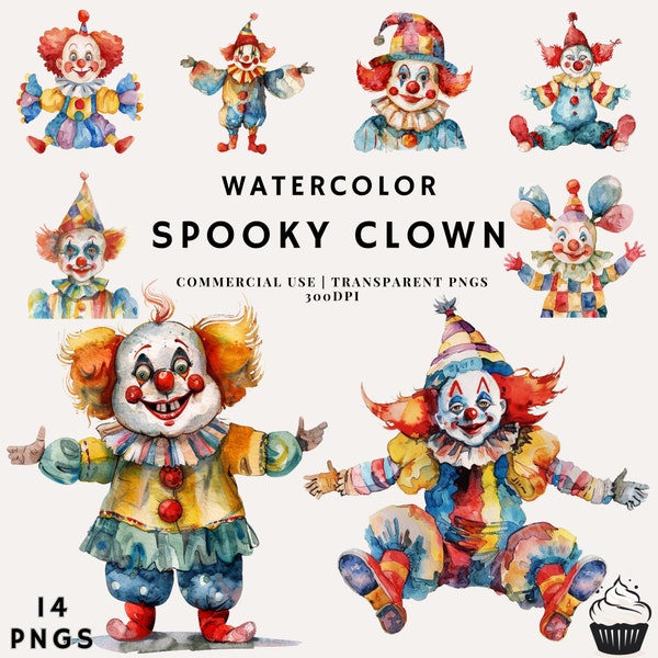 Lot de cliparts aquarelle mignon clown fantasmagorique | PNG | Utilisation commerciale | Téléchargement instantané | 300 ppp