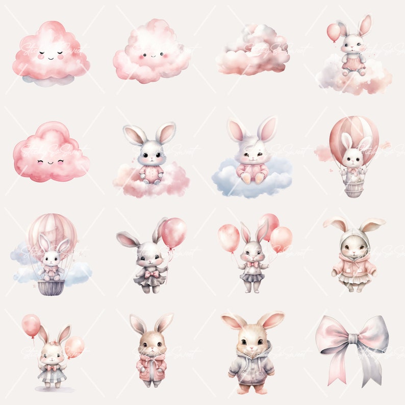 Watercolor Pink Bunny Clipart Bundle: Baby Shower PNG (commercial Use ...