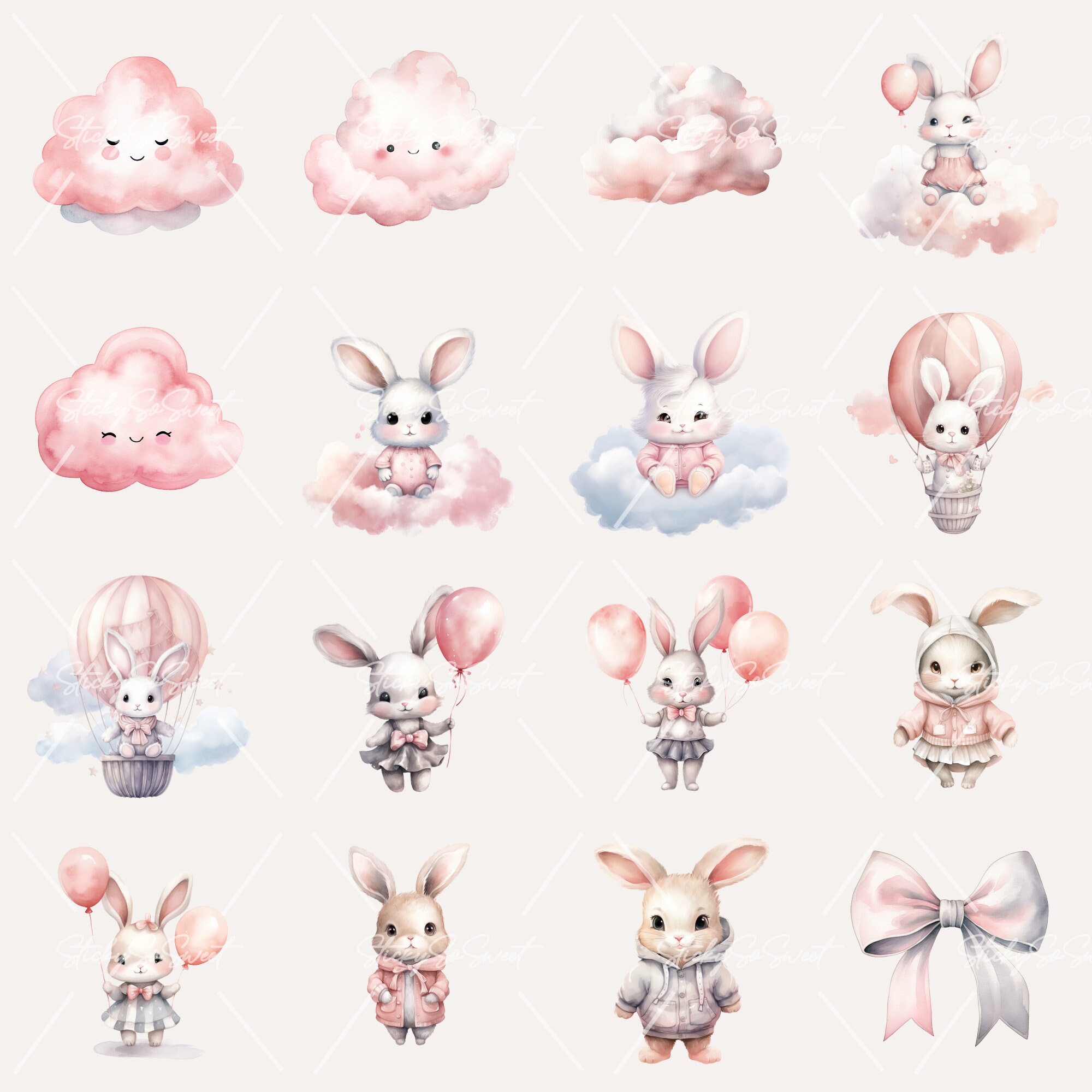 Watercolor Pink Bunny Clipart Bundle: Baby Shower PNG (commercial Use ...