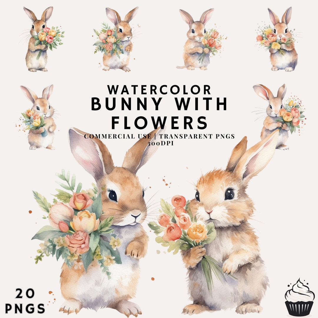 Watercolor Bunny Clipart | Cute Bunnies With Flowers (PNG, 300DPI) - Etsy