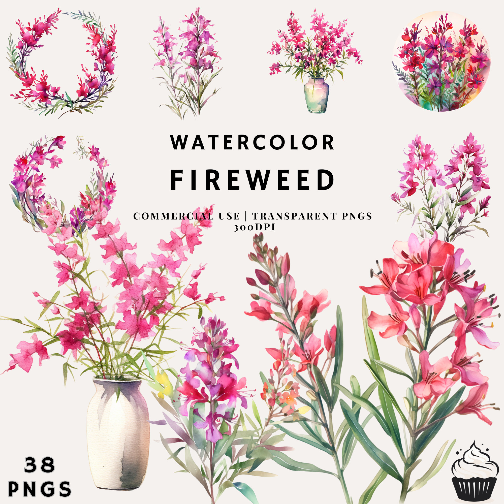 Watercolor Fireweed Bundle Clipart PNG Commercial Use Instant Download