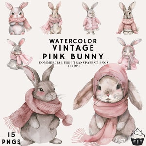 Aquarell süßes Vintages rosa Häschen Clipart Bundle | PNG | Kommerzielle Nutzung | Sofortdownload | 300DPI