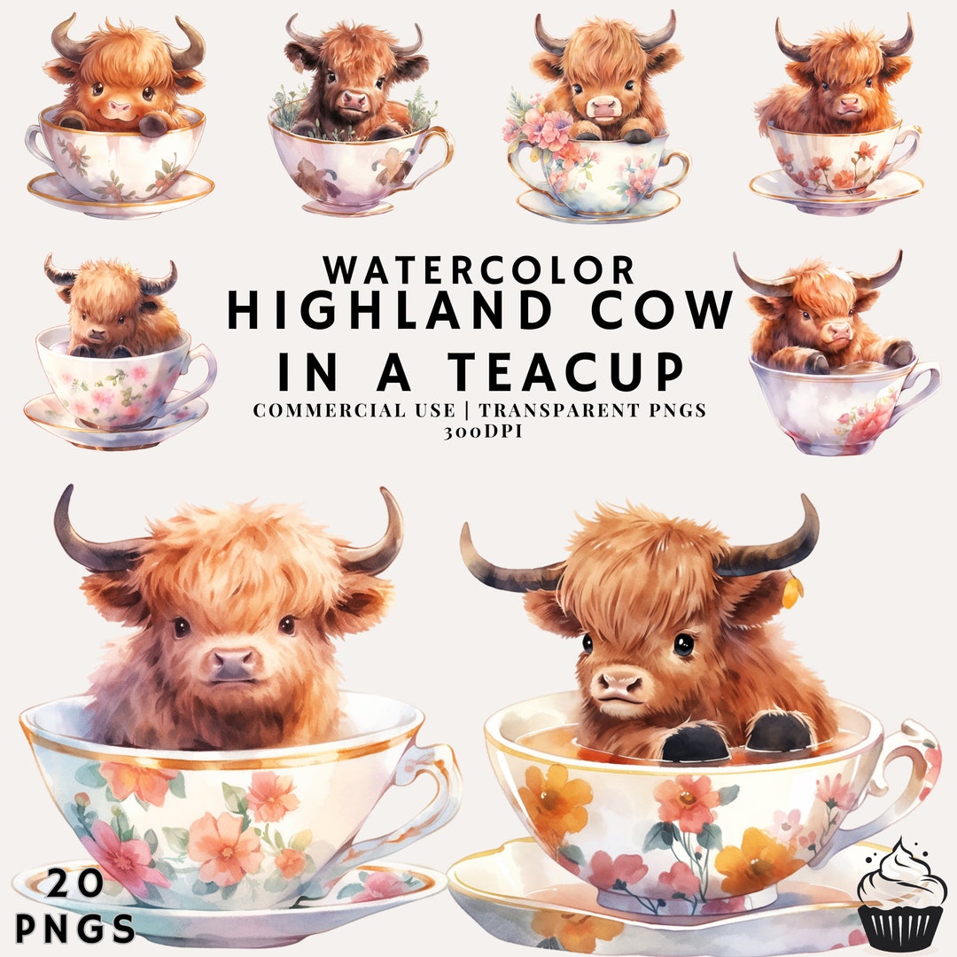 Watercolor Highland Cow Teacup Clipart Bundle (PNG, 300DPI) - Etsy