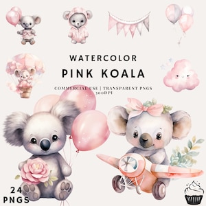 Pacchetto Koala rosa baby carino acquerello / PNG / Uso commerciale / Download istantaneo / 300DPI / Baby Shower per ragazze