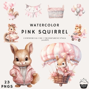Aquarelle Mignon Bébé Écureuil Rose Bundle | PNG | Utilisation commerciale | Téléchargement instantané | 300 DPI | Douche de bébé fille