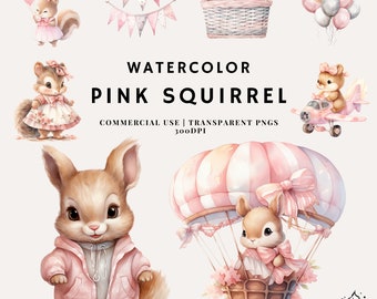 Watercolor Cute Baby Pink Squirrel Bundle | PNG | Commercial Use | Instant Download | 300DPI | Girl Baby Shower
