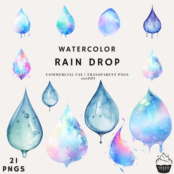 Watercolor Rain Drop Clipart Bundle | PNG | Commercial Use | Instant Download | 300DPI