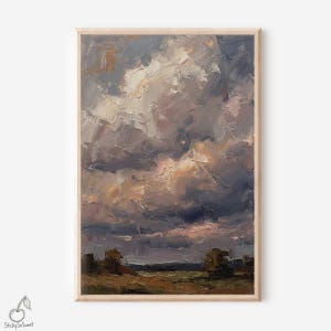 May include: An oil painting of a dramatic sky filled with textured clouds in shades of gray, white, and gold. The artwork is framed in a light wood frame, with a landscape of trees and fields at the bottom.