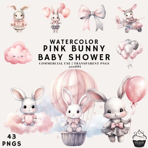 Aquarell Niedliche Rosa Hase Bundle Clipart | PNG | Kommerzielle Nutzung | Sofort Download | 300DPI | Mädchen Babyparty