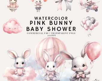 Watercolor Pink Bunny Clipart Bundle: Baby Shower PNG (Commercial Use)