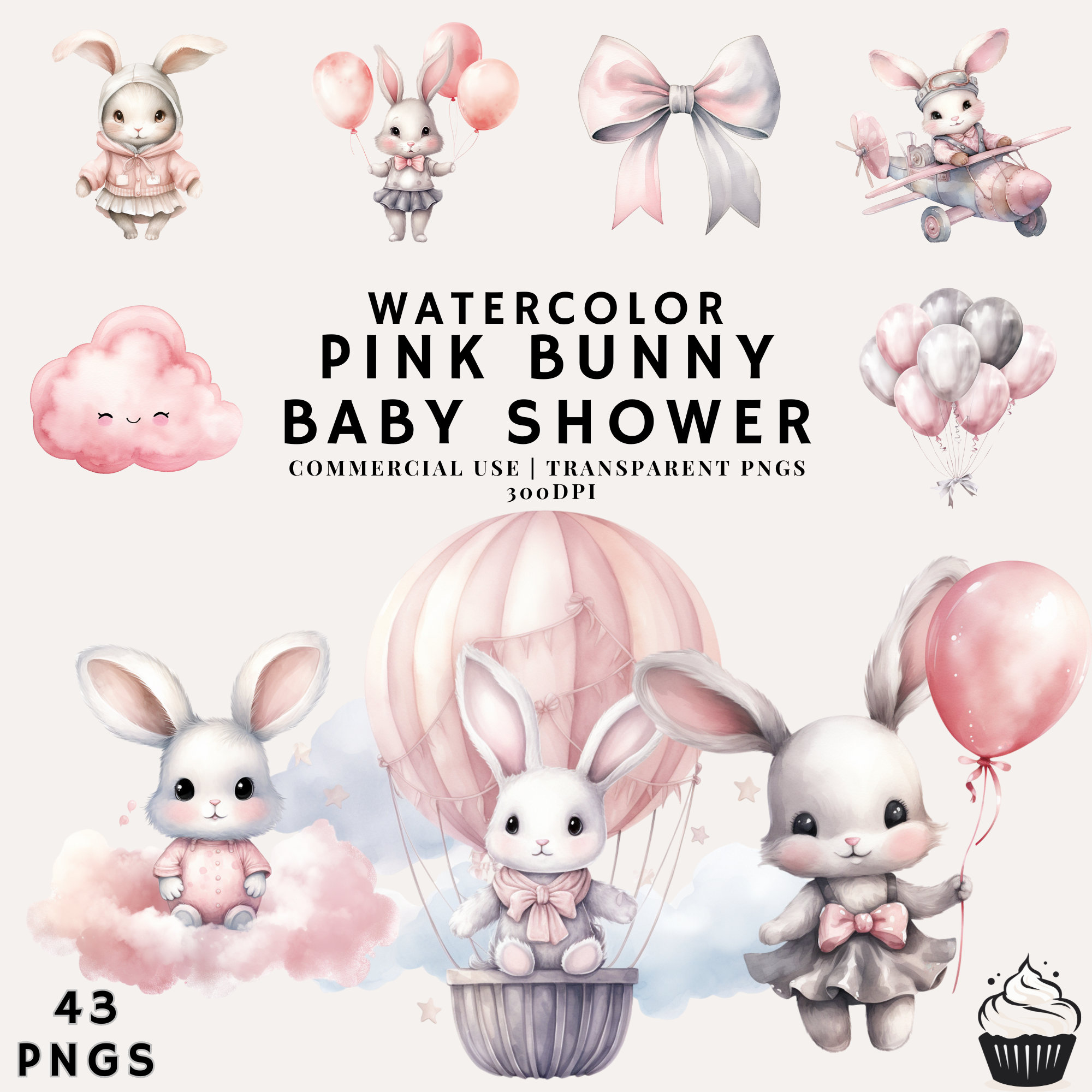Watercolor Pink Bunny Clipart Bundle: Baby Shower PNG (commercial Use ...