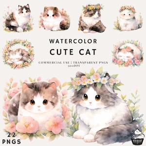 Aquarell Kawaii Niedliche Blumen Katze Clipart Bundle | PNG | Kommerzielle Nutzung | Sofort Download | 300DPI