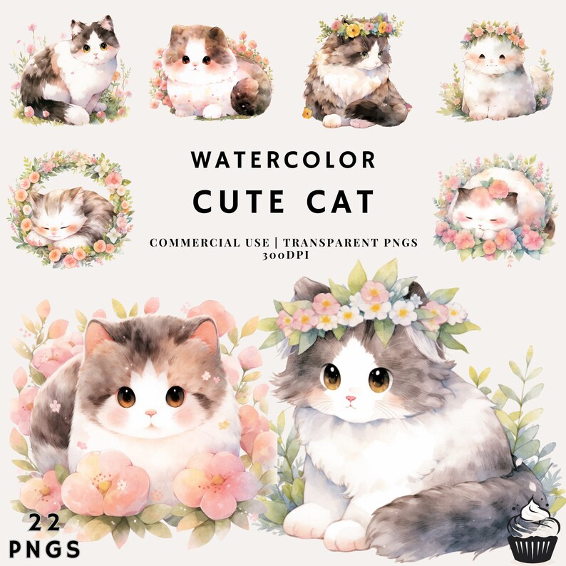 Watercolor Floral Cat Clipart Bundle | Kawaii PNG Graphics (commercial ...