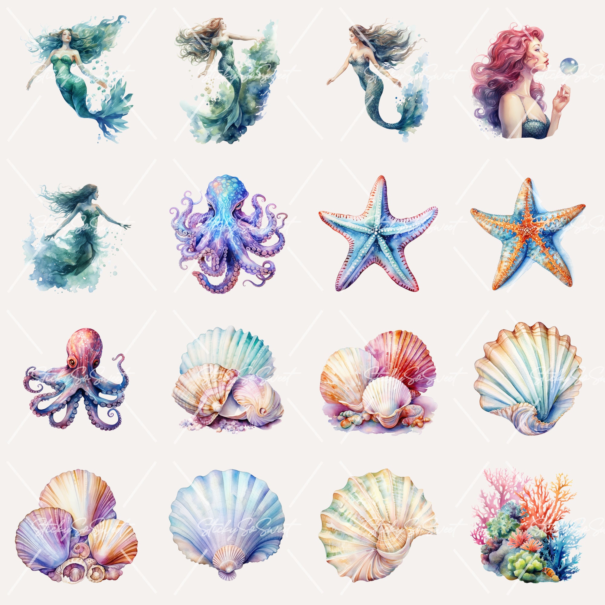 Watercolor Mermaid Bundle Clipart PNG Commercial Use Instant Download ...